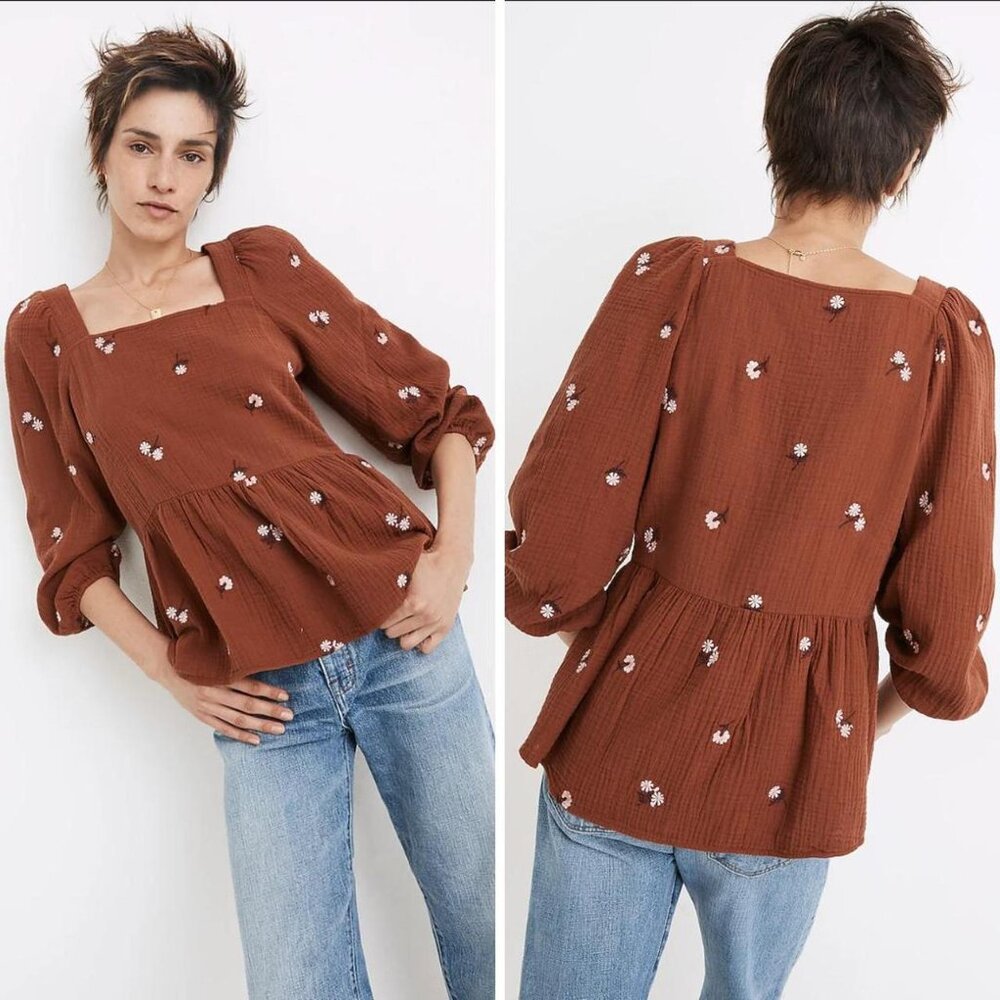 Madewell Lightspun Burnt Orange Floral Embroidered Peplum Blouse, Small